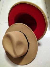 European And American Popular Woolen Top Color Matching Flat Brim Fedora Jazz Hat (Option: Camel inner red-M)