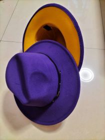 European And American Popular Woolen Top Color Matching Flat Brim Fedora Jazz Hat (Option: Purple inner yellow-M)