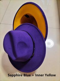 European And American Popular Woolen Top Color Matching Flat Brim Fedora Jazz Hat (Option: Sapphire Blue Inner Yellow-M)