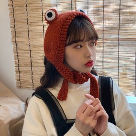 Big eyes frog woolen hat (Color: Wine Red)