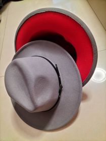 European And American Popular Woolen Top Color Matching Flat Brim Fedora Jazz Hat (Option: Grey inner red-M)