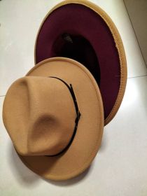 European And American Popular Woolen Top Color Matching Flat Brim Fedora Jazz Hat (Option: Camel inner wine red-M)