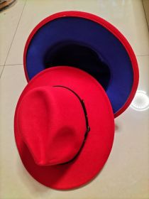 European And American Popular Woolen Top Color Matching Flat Brim Fedora Jazz Hat (Option: A red inner sapphire blue-M)